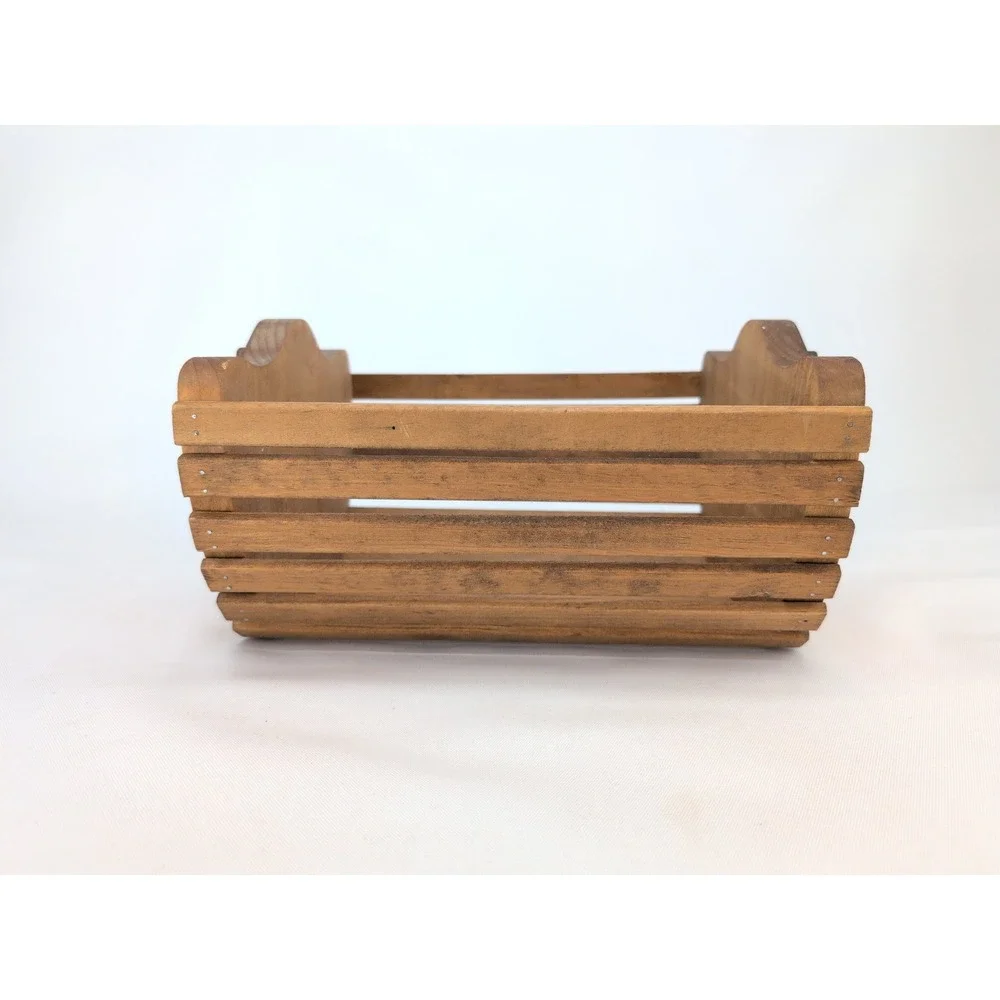 Vintage Wooden Slat Basket Brown Handcrafted Bow Detail